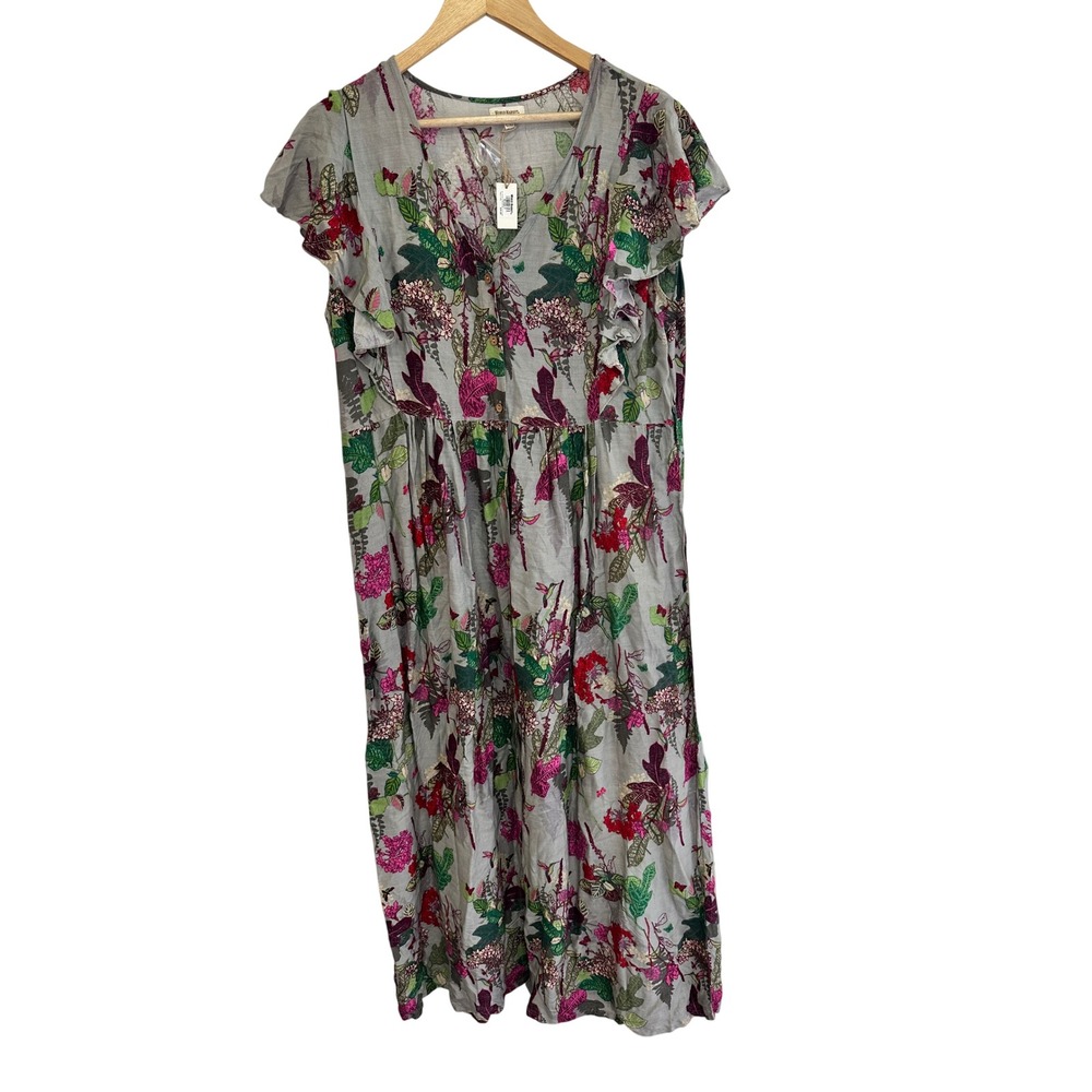 World Market Floral Flutter Sleeve Midi Dress Grey Pink L/XL NWT Boho Prairie